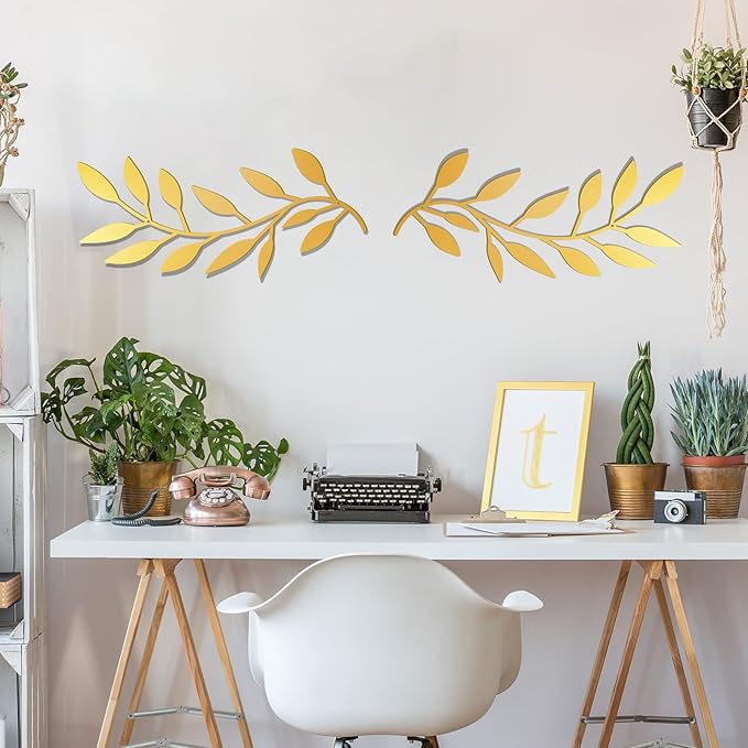 Zhengmy 2 Pieces Metal Tree Leaf Wall Decor Vine Olive Branch Leaf Wall Art Living Room, Hallway Wall Decor Outdoor Decoration(Gold)