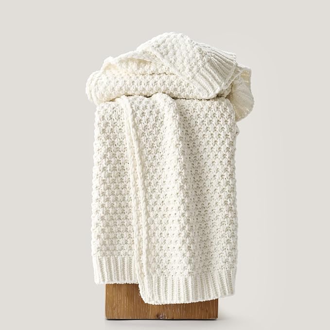 EVERGRACEHOME Chunky Chenille Knit Throw Blanket for Couch, Soft Luxurious Moss Stitch Blankets for Bed, Cozy Decorative Farmhouse Knitted Throws for Sofa, Bright White, 60" x 80"