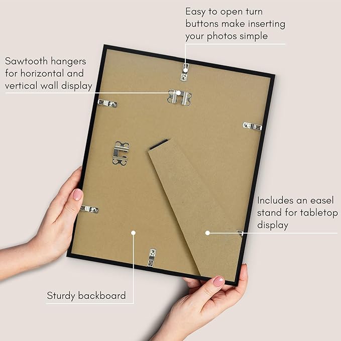 Americanflat 10x13 Picture Frame with Shatter-Resistant Glass - Streamline Collection - Thin Border Photo Frame for Tabletop and Wall Display - Hanging Hardware and Easel Stand Included - Black
