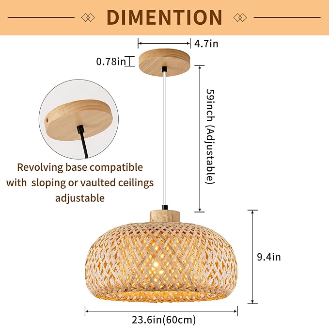 23.6inch Bamboo Rattan Pendant Light, Hand-Woven Wicker Boho Hanging Ceiling Light Fixture, Beige Pendant Lamp Rustic Farmhouse Chandelier for Kitchen Island, Dining Room, Bedroom, Living Room