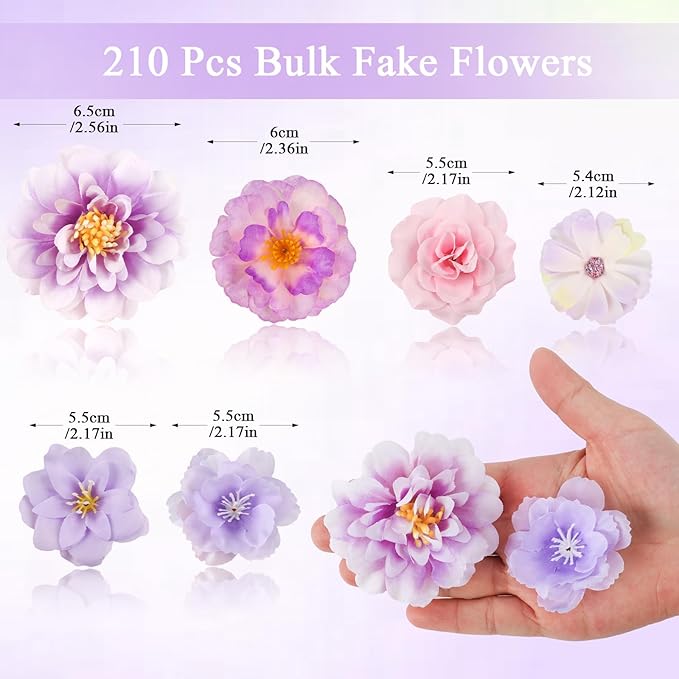 ATTGREAT 210 Pcs Mini Silk Flower Heads Small Fake Rose Daisy Faux Flowers Bulk for Crafts Artificial Loose Fabric Flowers Heads Sunflower Bulk for Wedding Hair Cap Dresses Decorations (Purple)