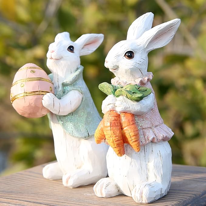 Hodao Easter Bunny Decorations Spring Home Decor Bunny Figurines Gifts(Easter White Rabbit 2pcs)