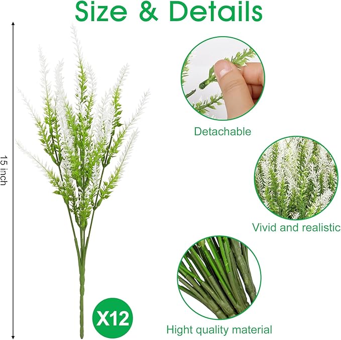 Ouddy Decor 12 Bundles Artificial Lavender Fake Flowers Faux Plastic Plants for Home Wedding Kitchen Garden Patio Window Box Office Table Centerpieces Indoor Outdoor Decor, White