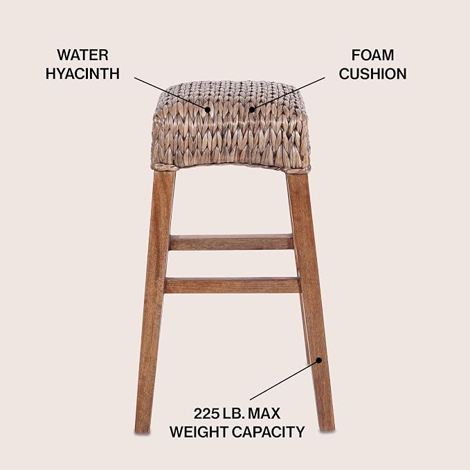 JONATHAN Y Maui Coastal Woven Water Hyacinth Bar Stool, Mango Wood Frame, 30" Backless Barstool for Kitchen Island with Integrated Footrest, Fully Assembled, Coastal, Brown Wash BSL1101A