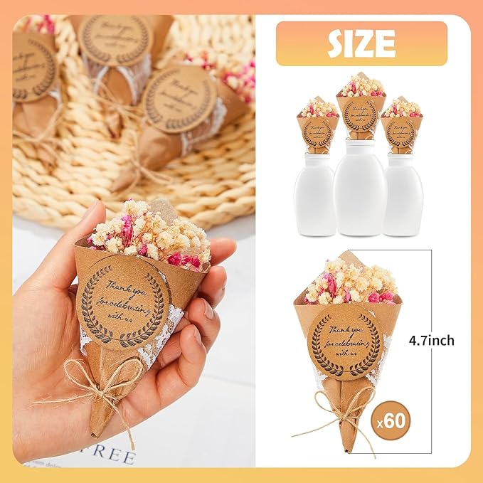 60 Pcs Mini Dried Flower Bouquet Magnet Bulk Wedding Baby Shower Flower Party Favors for Guests Natural Dried Flowers Bundle Mother's Day Graduation Home Decoration DIY Crafts Gifts