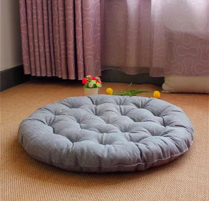 Large Linen Floor Cushions,Round Futon Pillows Japanese Style Tufted Floor Pillows Meditation Cushions for Seating On Pad for Yoga Sofa Balcony(Size:30x30inch,Color:Light Gray)