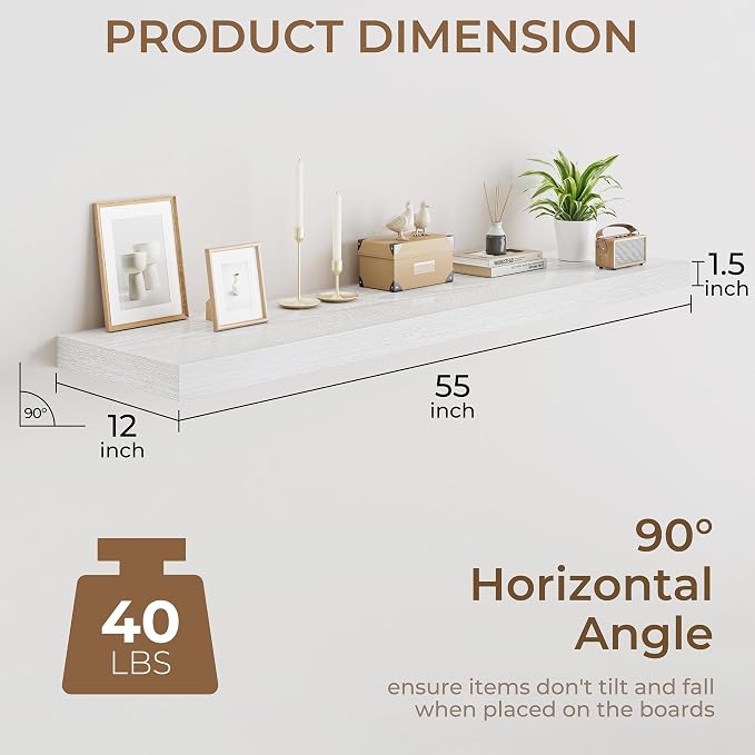 RICHFOCUS 55 Inch 12" D Floating Shelves for Wall 2 Pack Long Wall Shelves for Room Wall|Large Wood Hanging Shelf with Invisible Brackets for Bathroom Bedroom Kitchen Laundry Room, White