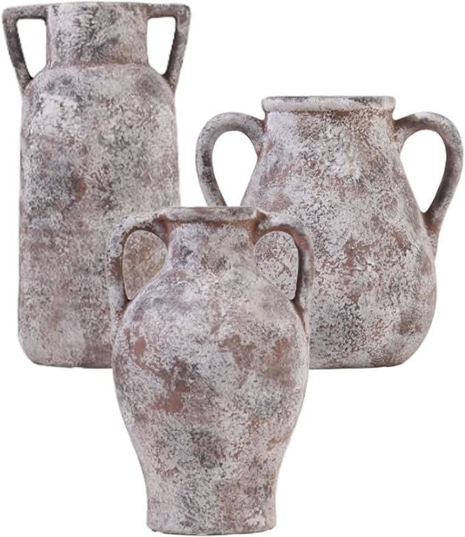 Ceramic Vase Set of 3 with Handles, Aged Terracotta Finish | Handmade Ceramic Vases with Glazed Interiors and Aged Terracotta Texture for Tables, Shelves, Mantels and Flowers