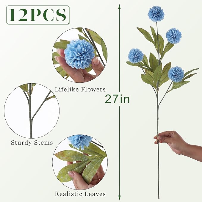 VIERENA 12 Pcs Faux Silk Pompon Mum Artificial Flowers for Vase -27", Bulk Fake Chrysanth Branches with Stems for DIY Bouquet Centerpieces Wedding Fillers Arrangements Shower Decorations (Dusty Blue)