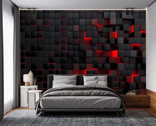 Tech Red Blocks Wall Mural Wallpaper for Bedroom 137" x 100"