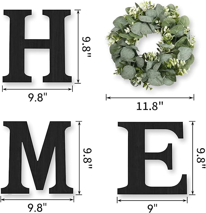 Pinkpum Wood Home Sign with Artificial Eucalyptus Wreath for O, Hanging Farmhouse Wall House Decor Wood Letters for Wall Art Rustic Home Decor, Wall Decor for Living Room Kitchen Entryway (Black)