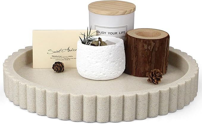 LIN CHUAN Decorative Coffee Table Tray, 11" Round Resin Coffee Table Centerpiece Tray for Home Decor, Modern Organizer for Living Room, Console or Dresser, Beige