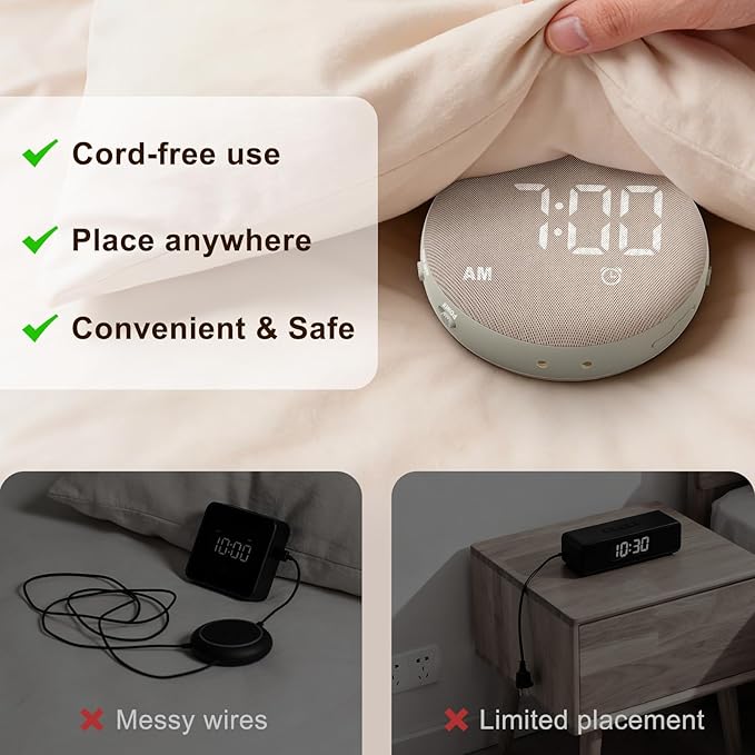 SolaceRise Super Loud Alarm Clock for Heavy Sleepers: Vibrating Digital Auto-Dim Clock with Bed Shaker for Hearing Impaired - Portable Rechargeable Battery for Bedroom Travel Dorm - Putty