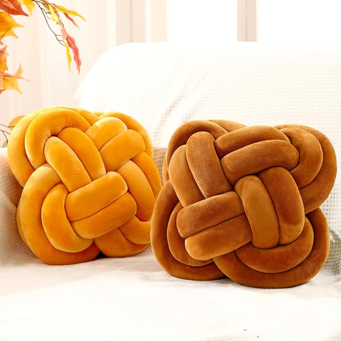 Beeveer 2 Pcs Knot Pillow Balls Set, 12 Inch Soft Decorative Throw Knot Pillow Ball, Large Square Knotted Floor Cushion for Living Room Bedroom Sofa Couch Bed Home Decoration (Caramel Brown, Turmeric)