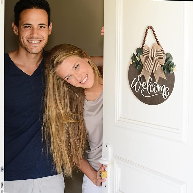 Welcome Sign for Front Door Wreath Decorations for All Seasons Front Porch Decor Hanging Gift for Farmhuose Home Outdoor Indoor(Welcome)