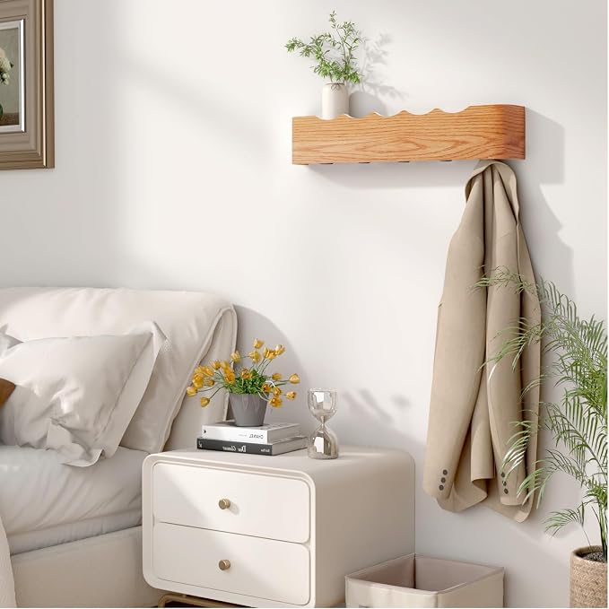 Wall Mounted Coat Rack with Shelf, Wooden Entryway Organizer with Hidden Metal Hooks for Hanging Coats Bags Keys, Modern Floating Shelf for Hallway Bathroom