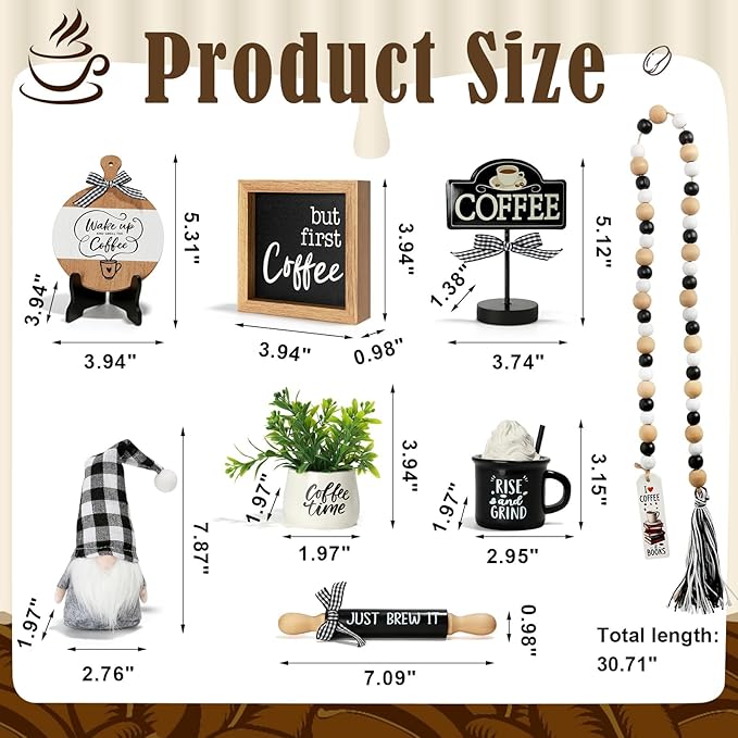 Coffee Tiered Tray Decor Set, 8 Pcs Farmhouse Rustic Tabletop Coffee Decorations for Home Office Table Shelf Mantel Coffee Bar Centerpiece Coffee Time Decor Wooden Sign Decorative Objects Bundle