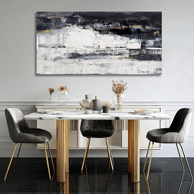 Dolidoteart Canvas Wall Art, Black White Gray Abstract Wall Art Print, Modern Gold Accent Horizontal Artwork for Living Room Bedroom Office, 24x48 Inch