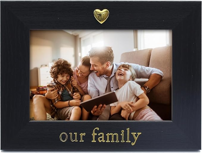MIMOSA MOMENTS "Our Family Black 4x6 Picture Frame with Gold Heart Ornament, Tabletop Display, Family Photo Frame for Home Decor, Gift for Housewarming, Christmas, Home Keepsake