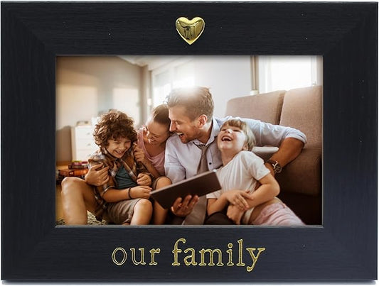 MIMOSA MOMENTS "Our Family Black 4x6 Picture Frame with Gold Heart Ornament, Tabletop Display, Family Photo Frame for Home Decor, Gift for Housewarming, Christmas, Home Keepsake