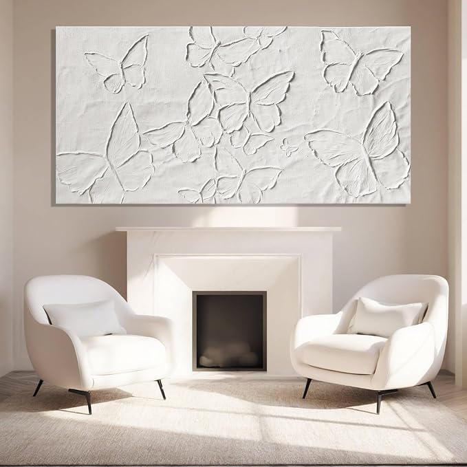 SHEYOYE Large White Aesthetic Canvas Wall Art | Butterfly Wall Art for Wall Decor, Office Art, Living Room or Bedroom Wall Decor, Hallway Decor 29" x 58"