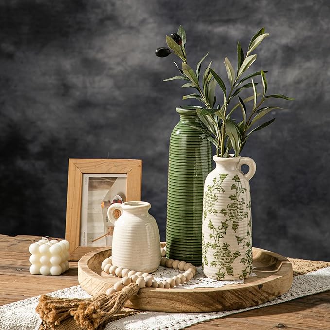 Ceramic Vases Set of 3, Farmhouse Country Flower Vase Home Decor,Living Room Kitchen Bathroom Decoration, Table Centerpieces, Shelf and Entrance Decorations-Multicolor.
