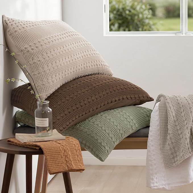PHF 100% Cotton Waffle Weave Euro Sham Covers, 2 Pack 26" x 26" Bed Pillow Covers for Elegant Home Decor, No Filling, Luxury Aesthetic Soft Euro Pillow Cases for Bed, Pearl Gray