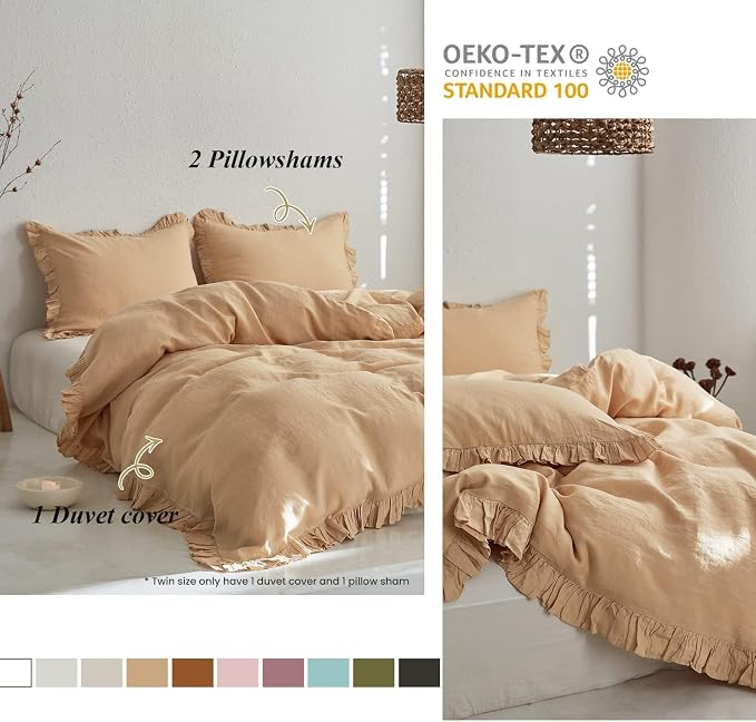 Simple&Opulence 100% Linen Duvet Cover Set, 3 PCS Natural French Flax Sand Ruffle Duvet Cover Full Size, Breathable Comfy Linen Bedding Comforter Cover with 2 Pillowcases (Sand, 78" X 86")