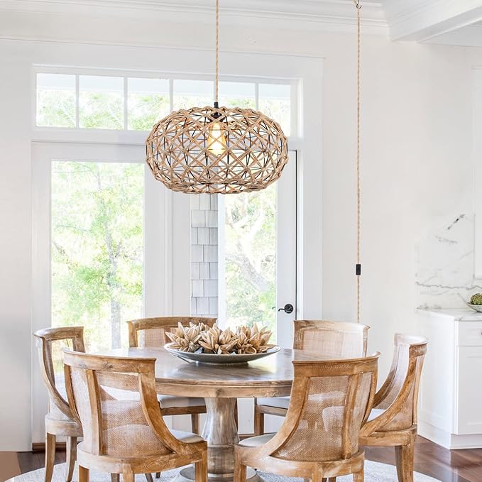 Coastal Large Woven Plug in Pendant Light with 14ft Handmade Woven Light Cord, Rustic Handmade Hemp Rope Hanging Lamp for Bedroom Kitchen Island Farmhouse Dining Room Living Room,17.8 inch Width