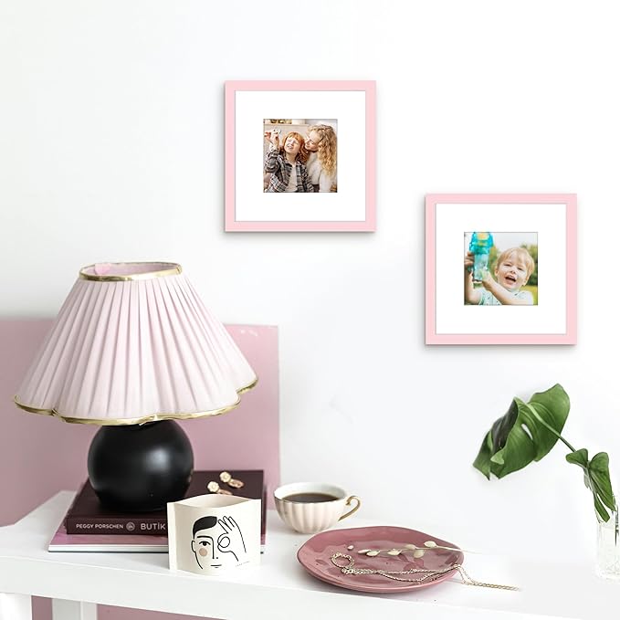 Picrit 8x8 Picture Frame Set of 12, Display 5x5 with Mat or 8 x 8 without Mat, Photo Frames for Wall Mounting or Table Top Display, Pink