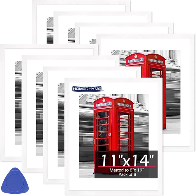 11x14 Picture Frame Set of 8, White Wall Gallery Hanging Photo Frames, Display Pictures 8x10 with Mat or 11x14 Without Mat, Poster Frames with Plexiglass for Home Office Wall Decor