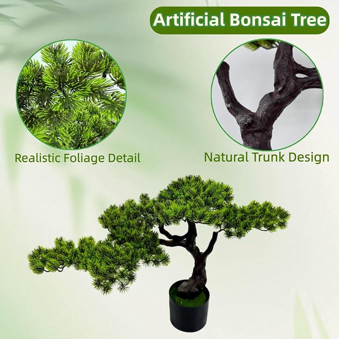 23.6" Artificial Bonsai Tree in Pot – Realistic Cedar Tree Faux Pine Plant for Home & Office Decor, Hotel Lobby Entryway Greenery