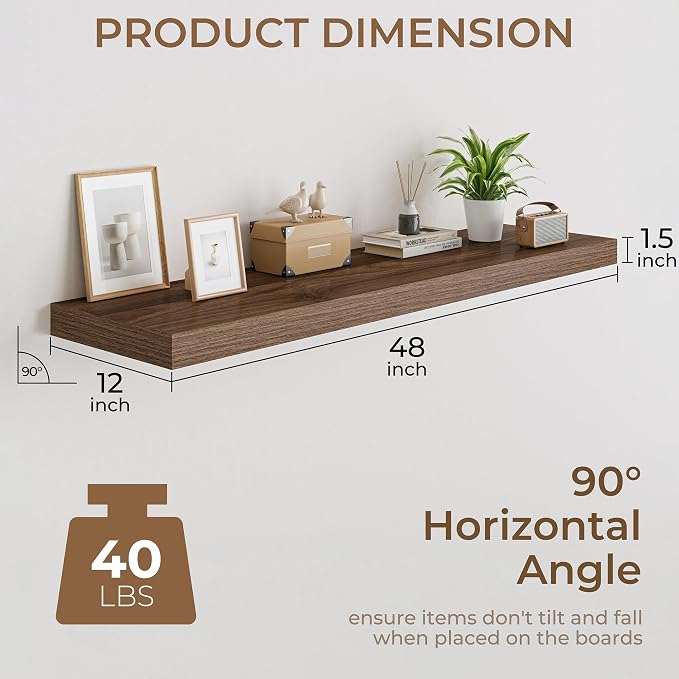 RICHFOCUS 48 Inch 12" D Floating Shelves for Wall 2 Pack Long Wall Shelves for Room Wall|Large Wood Hanging Shelf with Invisible Brackets for Bathroom Bedroom Kitchen Laundry Room, Walnut