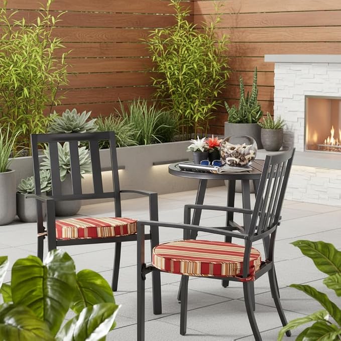 Set of 2 Outdoor 18 inch Round Patio Dining Chair Pads – Comfortable Fiber-Filled Seat Cushions with Ties, Reversible Polyester Fabric, Roma Stripe