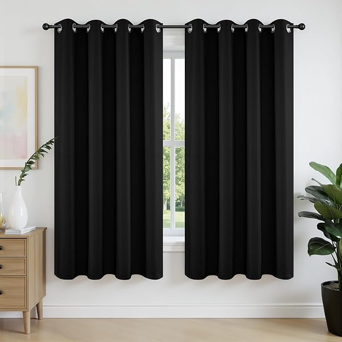 Joydeco Blackout Curtains 54 Inch Length 2 Panels Set, Thermal Insulated Long Curtains& Drapes 2 Burg, Room Darkening Grommet Drapes for Living Room Bedroom Window (W52 x L54 Inch, Black)