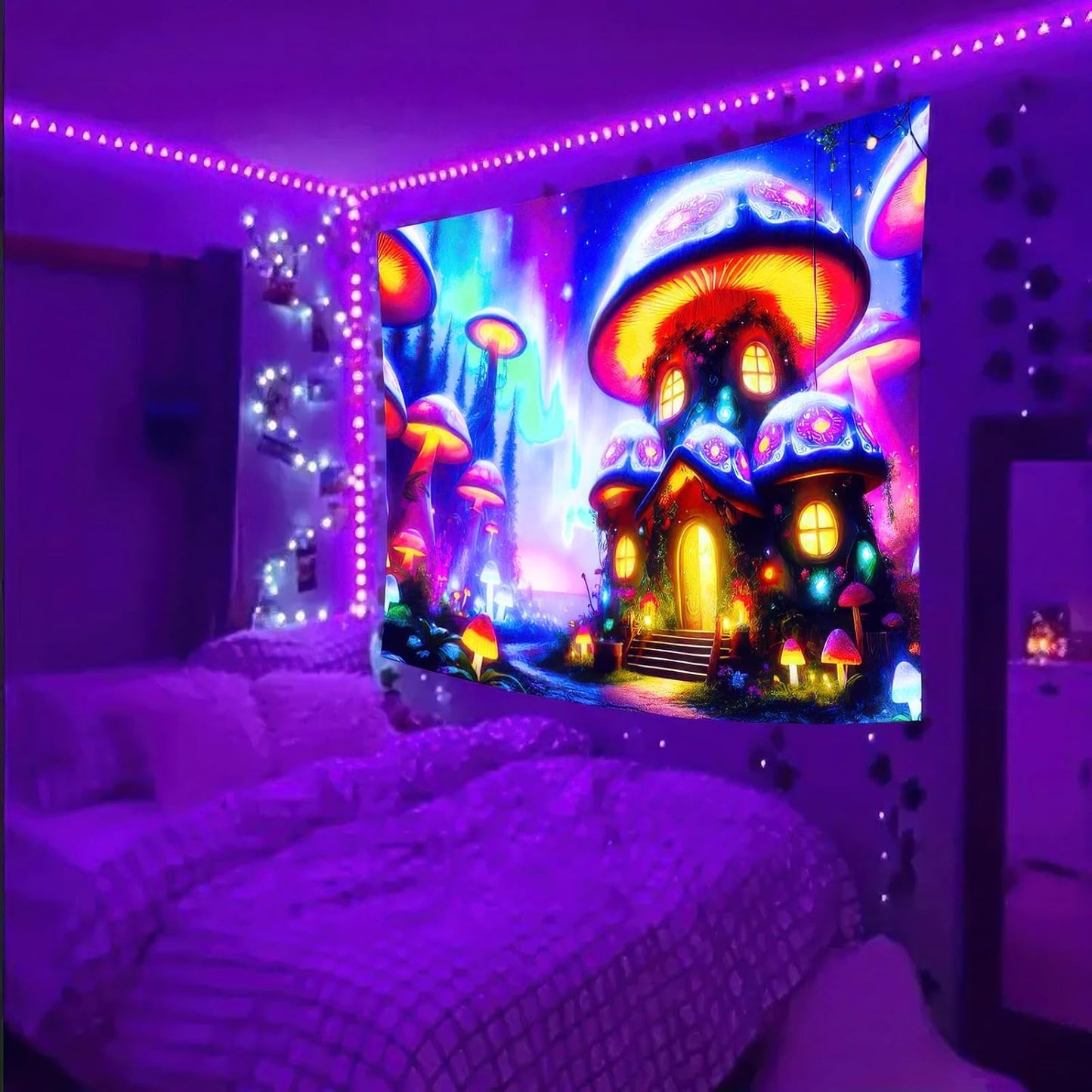 BlissYard Black Light Tapestry Uv Reactive Tapestry Glow Tapestry 78x59 Inches Enchanted Mushroom Village Wall Hanging, Fluorescent Art Decor with Glowing Mushrooms, Forest, and Fantasy Elements