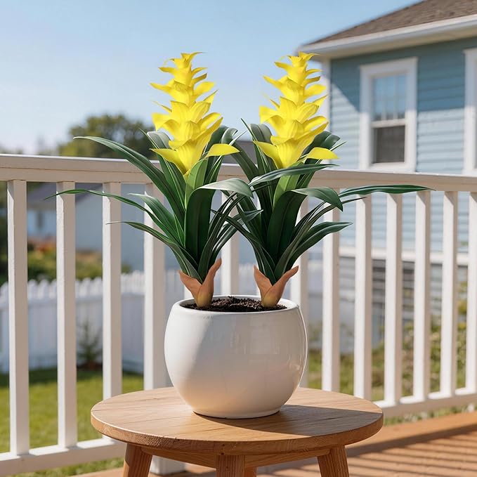Ivydale Fake Flowers Plants for Outdoors, 2 Pcs 16.93" Bromeliad Artificial Flowers Uv Resistant Realistic Faux Flowers for Outdoor Planters Outside Porch Patio Yard Garden Indoor Decoration(Yellow)