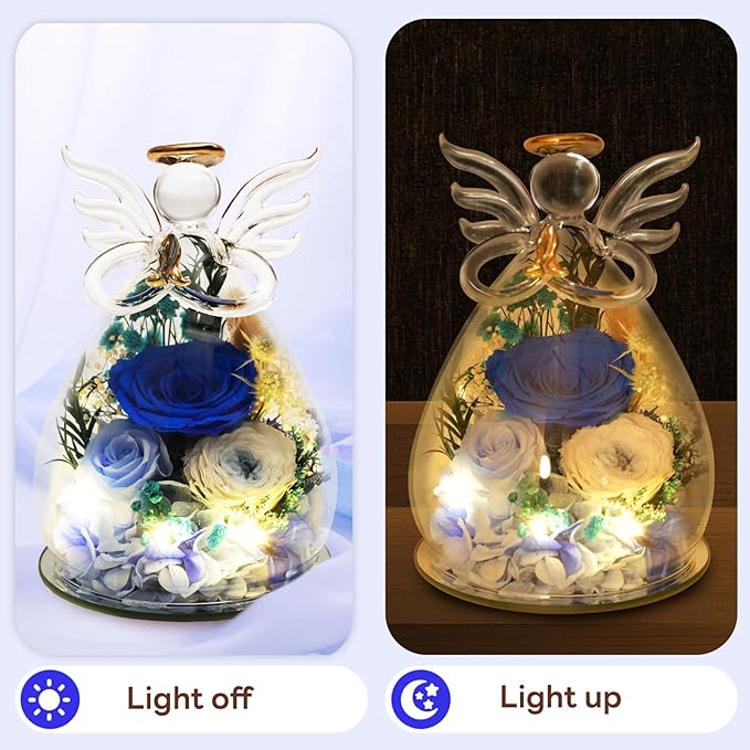 Blue Preserved Rose Angel Figurine, Get Well Soon Gifts for Women, Christian Sympathy Memorial Decor, Healing Real Flower Present for Her