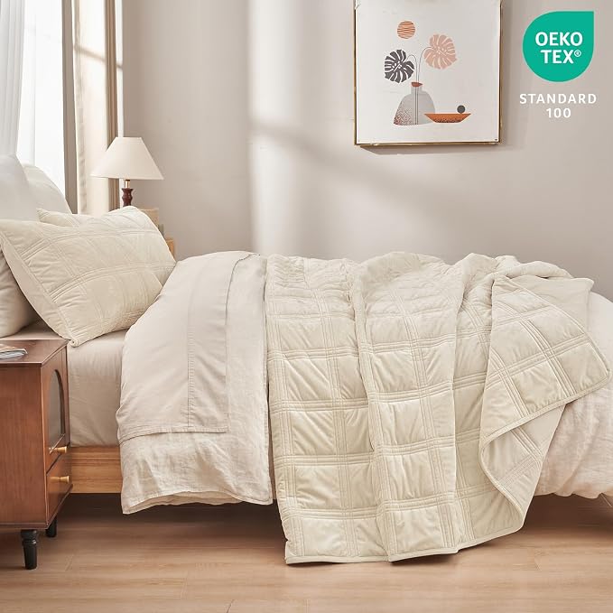PHF Ultra Soft Velvet Quilt Set King Size – 3PCS Luxurious Cozy Quilted Comforter Alternative with Diamond Pattern, Warm Quilted Bedspread Coverlet, 108" x 92", Sand