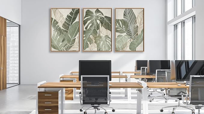 Large Framed Canvas Wall Art - Natural Float Framed Green Plantain Leaves Pictures Decor Brown Leaf Lines Artwork Paintings for Bedroom Living Room Kitchen Home Office Decoration 72" X 36" Set of 3