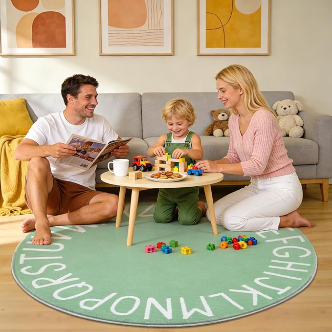 Topotdor Round Kids Play Rug Alphabet Nursery Area Rug Extra Large Soft Crawling Play Mat for Children Toddlers Bedroom (47 inch, Sage Green)