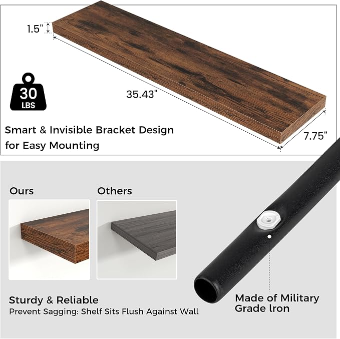 36" Wide x 8" Deep Floating Shelves for Wall, Rustic Brown, 2-Pack | Engineered Wood Wall Shelves with Invisible Brackets for Living Room, Bedroom, Bathroom, Office & Kitchen Storage