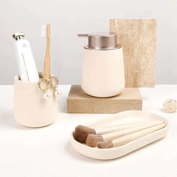 BosilunLife Ceramic Bathroom Accessories Set 3 Pcs, Liquid Soap Dispenser and Toothbrush Holder with Tray, Modern Farmhouse Vanity Decor, Apricot Housewarming Gift