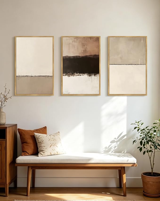 PHOPAGO Neutral Abstract Framed Wall Art Large 16x24in Minimalist Beige Gray Pastel Wall Decor Modern Watercolor Art Paints Laundry Kitchen Bedroom Living Room Decor - Natural Framed