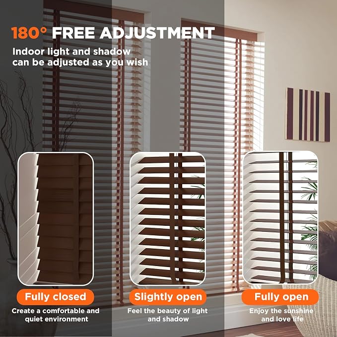 2" Slats Wood Blinds for Indoor Windows: Solid Wooden Blackout Blinds & Shades,Black Out Privacy Horizontal Blinds for Home Bedroom Bathroom Living Room Windows and Doors 71.5" WX64 H Dark Brown