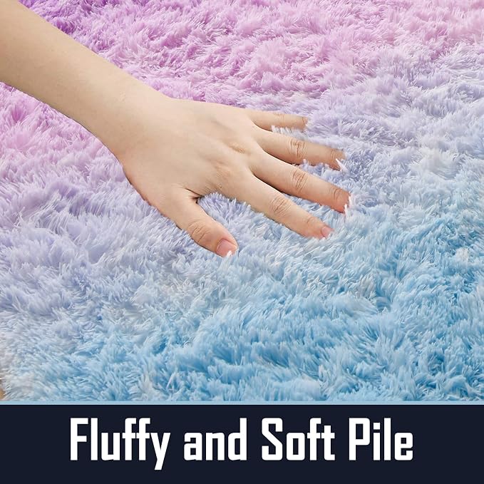 A Nice Night Shaggy Fluffy Faux Fur Area Rug, BluePurple Tie Dye Star Glitter Printed,Soft, Luxurious Carpet Rugs for Nursery Rug, Bedroom, Living Room,5'x7'