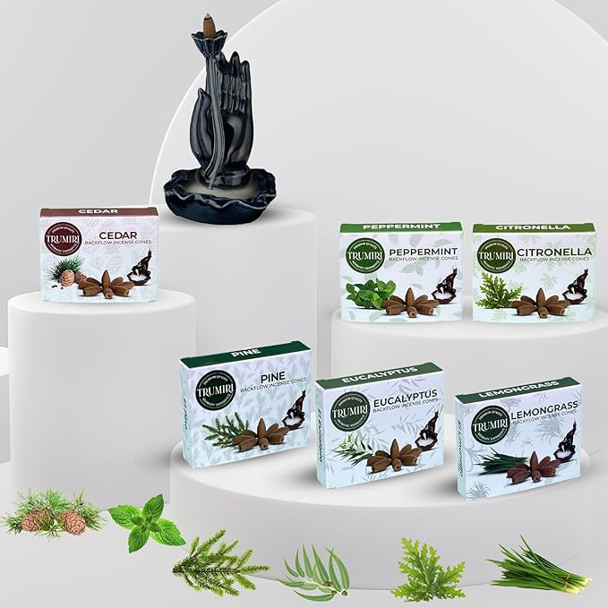 Leafy - Backflow Incense Cones for Waterfall - Scented Inscents-Cones - Peppermint, Citronella, Pine, Cedar, Eucalyptus, Lemongrass - Insiensos Aromaticos - 6x10=60 Large Variety Pack