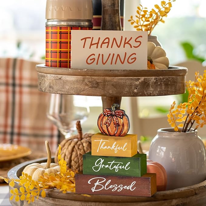 Smile Thanksgiving Fall Decor Indoor Wooden Block Signs, Pumpkin Decor Thankful Grateful Blessed for Rustic Farmhouse Home,Thanksgiving Table Tiered Tray Kitchen Harvest Decorations