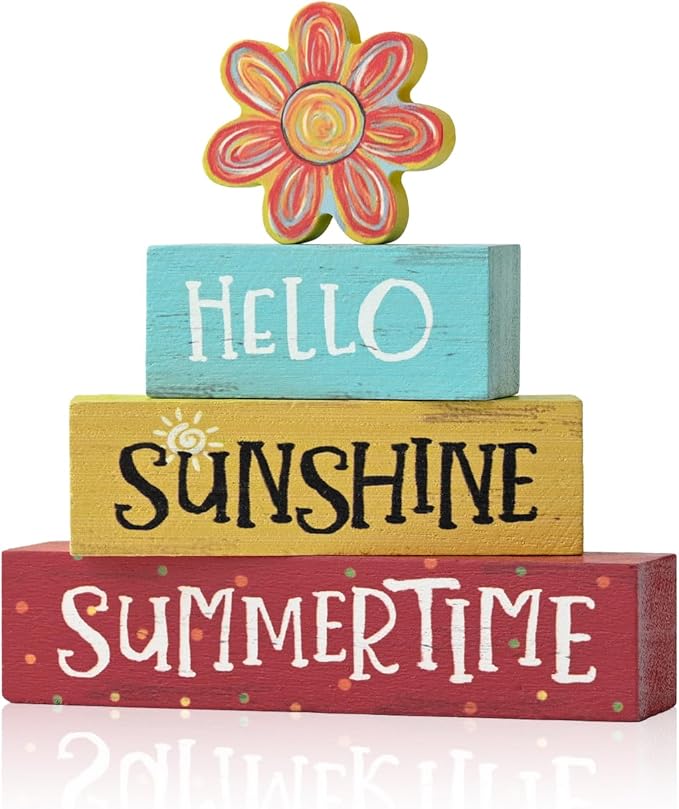 Smile 4 Pcs Summer Indoor Wooden Decor, Sunflowers Colorful Hello Sunshine Summer Tiered Tray Farmhouse Table Decoration for Home and Office