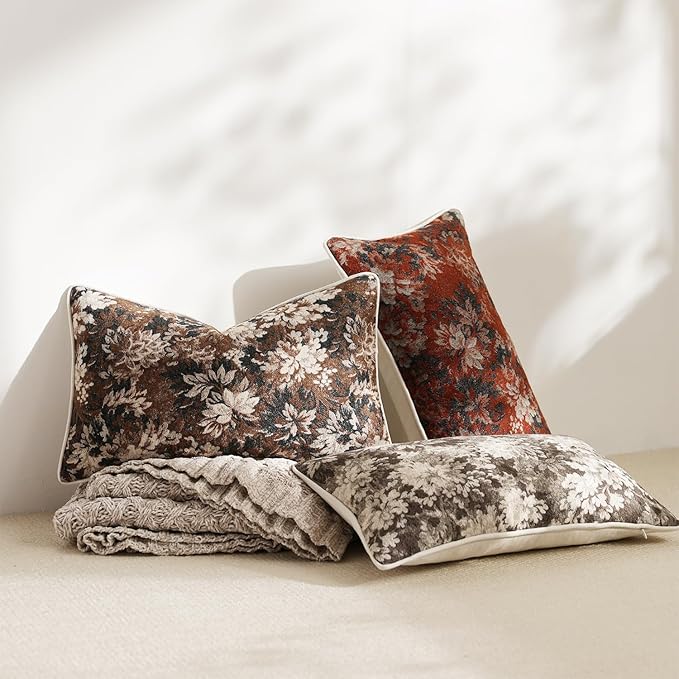 DEZENE Pack of 2 Vintage Floral Pillow Covers 12x20 Boho Farmhouse Accents Chenille Rectangular Lumbar Decorative Throw Pillow Cases for Living Room Couch Bed Home Decor, Rust
